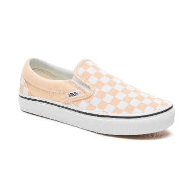 Vans Color Theory Checkerboard Classic Slip-On Classic (Unisex) Mens Womens - (Checkerboard) Bleached Apricot/True White VA38F7U77 Shoes