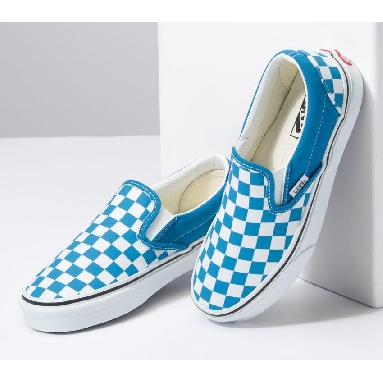 Vans Classic Slip-On Mens Womens - Color Theory Checkerboard Mediterranian Blue VN0A5JMHVD3 Shoes