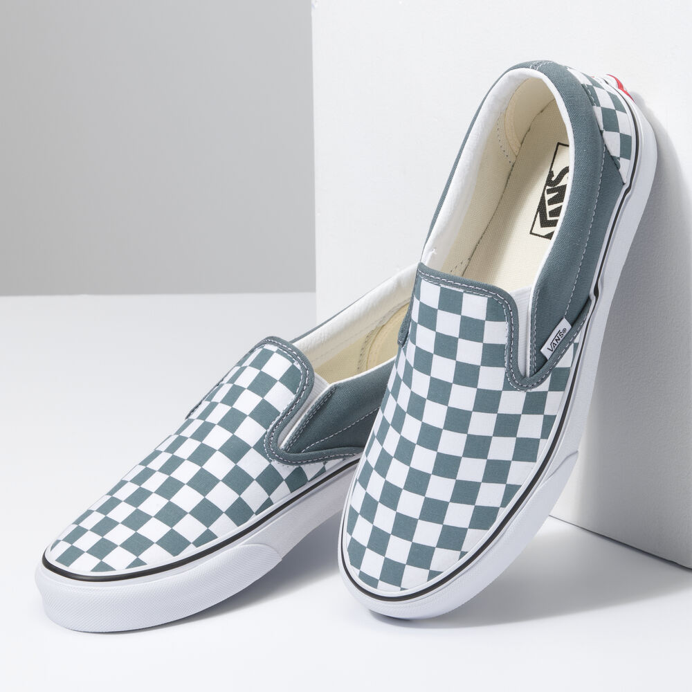Vans Cow Multi Color Classic Slip-On Mens Womens - COLOR THEORY CHECKERBOARD STORMY WEATHER VN0A7Q5DRV2 Shoes